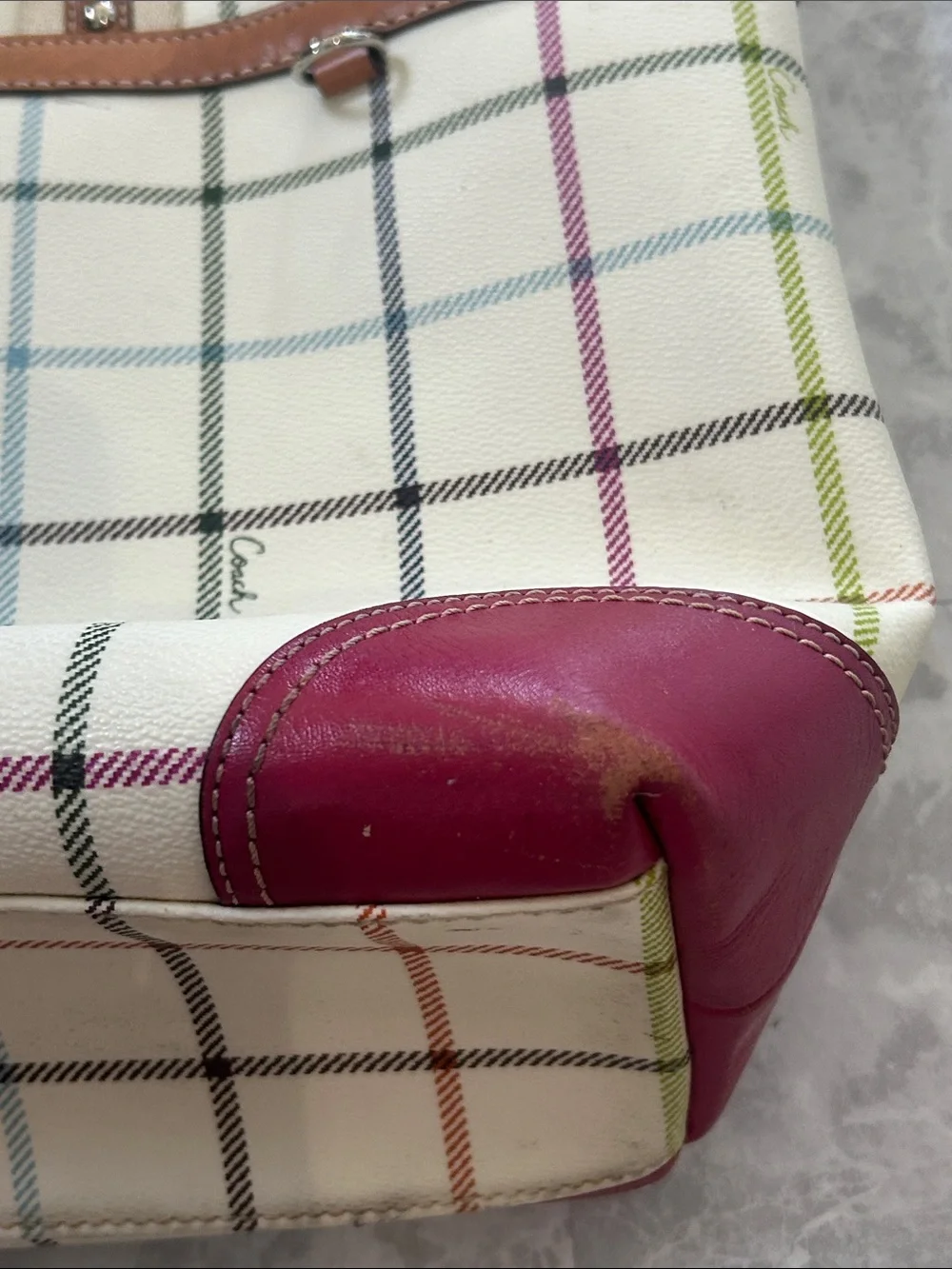 Coach Heritage Tattersall Cream Plaid Tote with Magenta Center Stripe